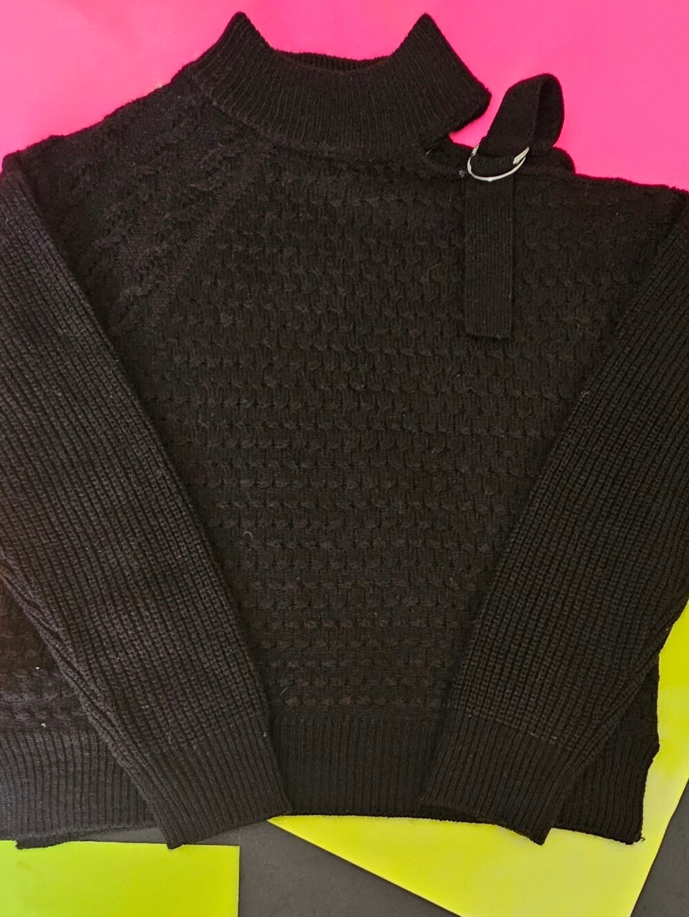 DKNY Black Textured Mock Neck Sweater with Buckle Strap